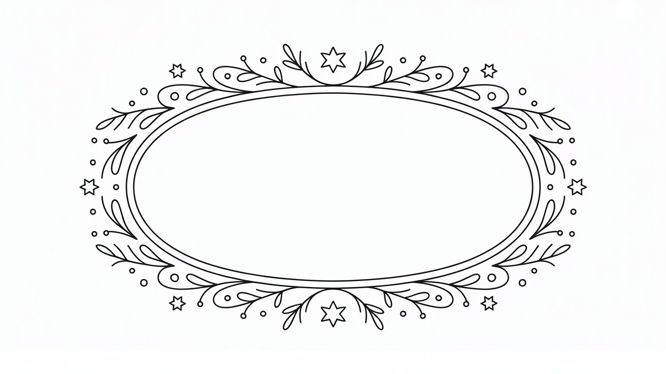 A black and white illustration of a circular frame with intricate detailing.