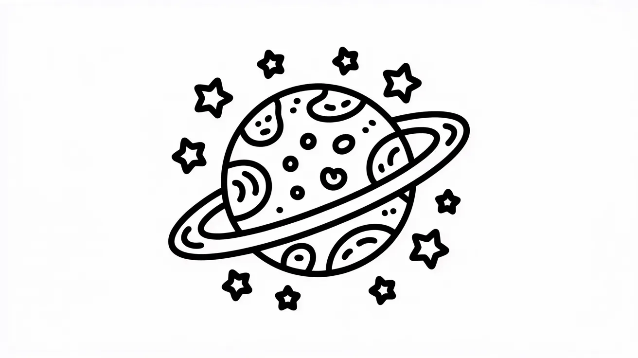 A monochrome illustration of a planet with twinkling stars in the background.