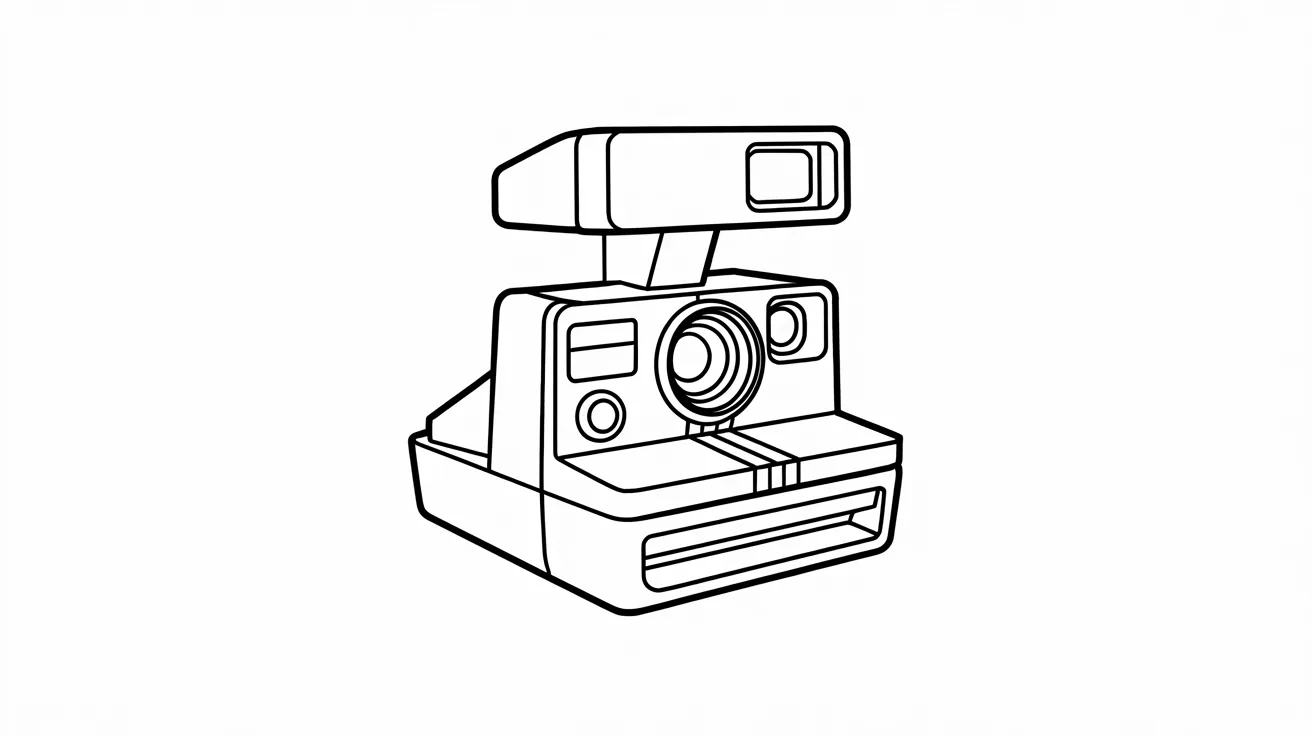 drawing of a vintage Polaroid camera with a white frame and colorful accents, capturing a nostalgic photography vibe.