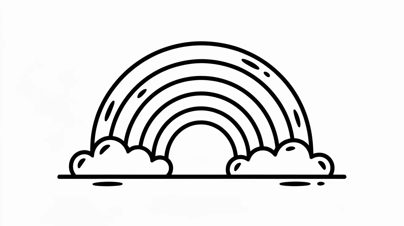 A black and white drawing depicting a stylized rainbow with curved arches and varying line thickness.