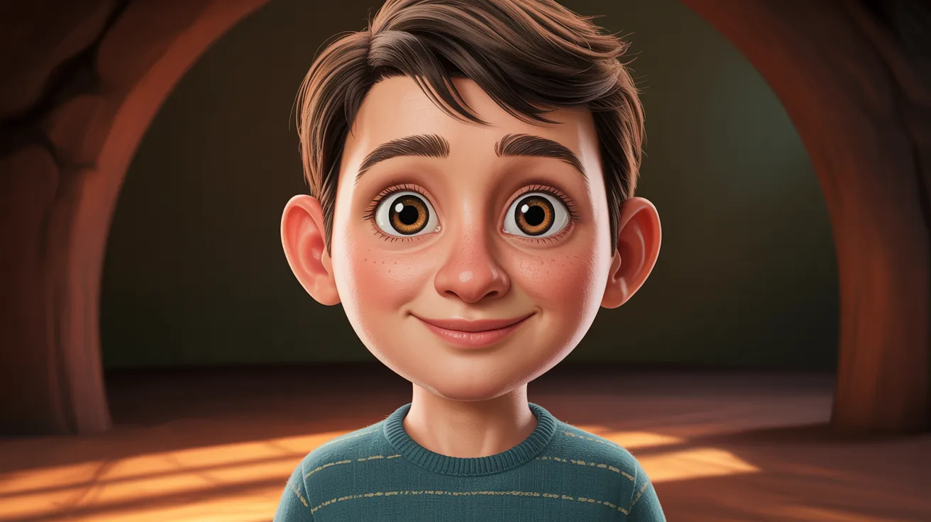 Cartoon boy with large eyes and a cheerful smile, conveying a sense of joy and playfulness.
