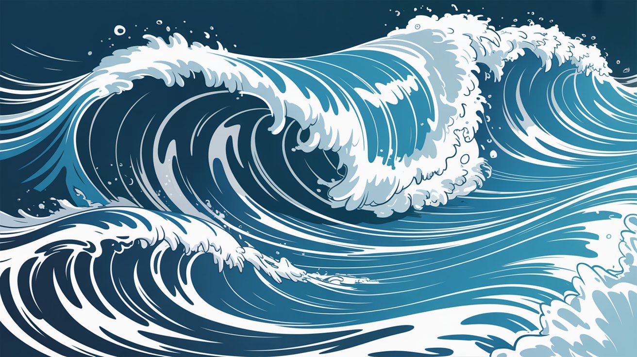 A large, crashing wave illustrated, showcasing its powerful crest and dynamic movement.