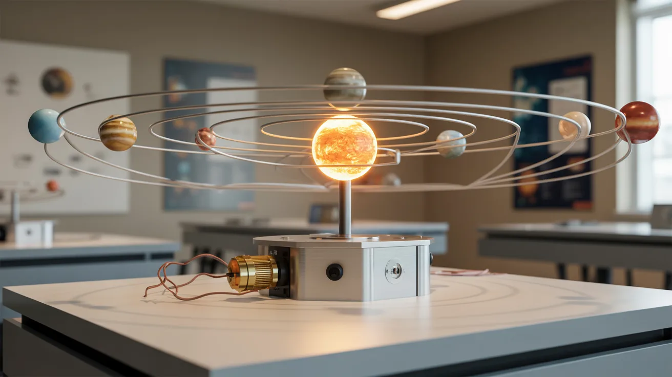 A detailed model of the solar system displayed on a desk, showcasing planets and their orbits around the sun.