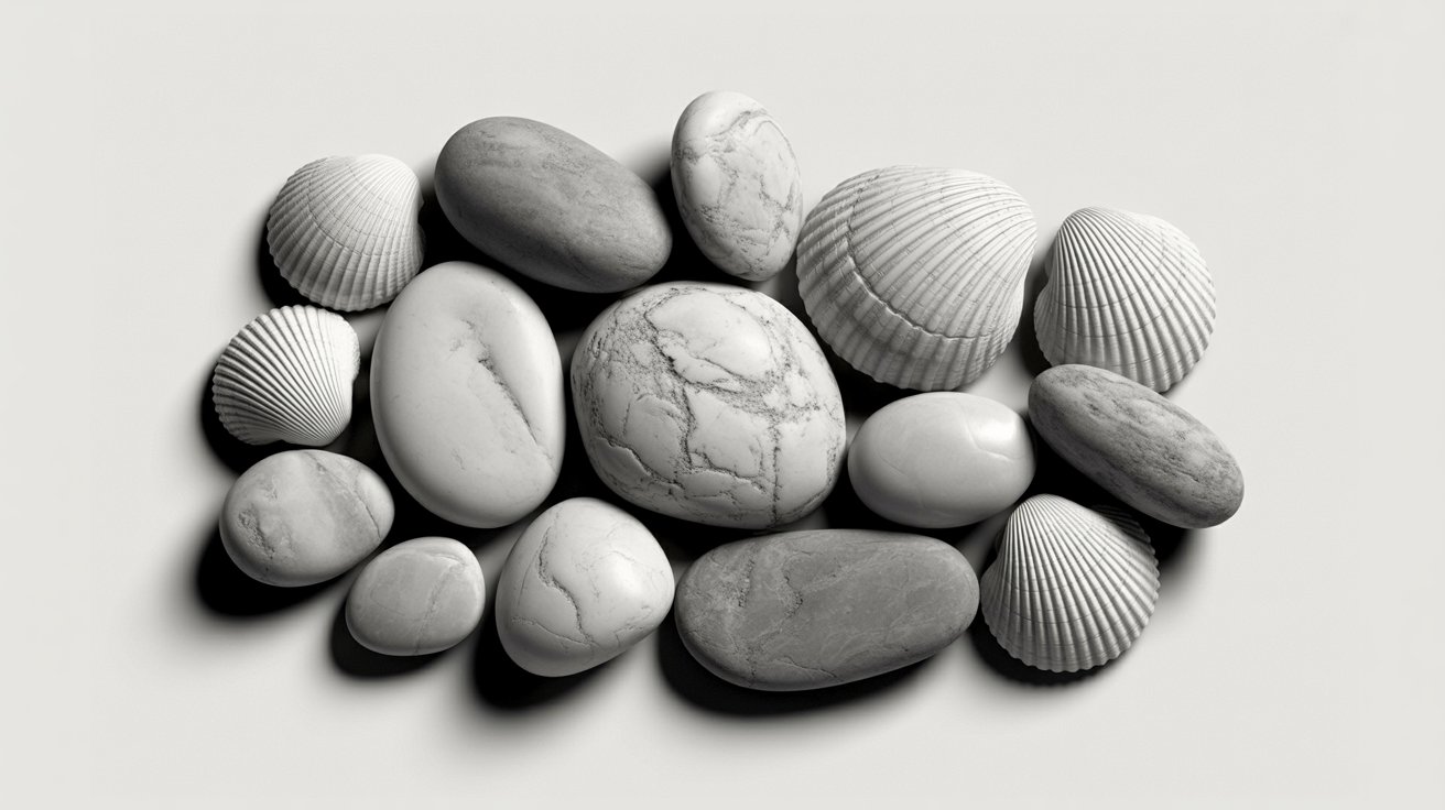 A black and white photo depicting a cluster of various stones arranged on a textured surface.