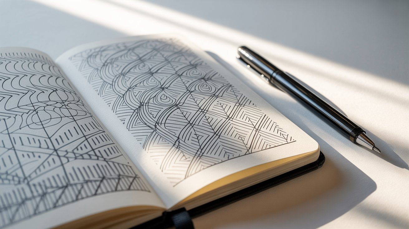 A notebook and pen placed beside an open sketchbook, showcasing a creative workspace.