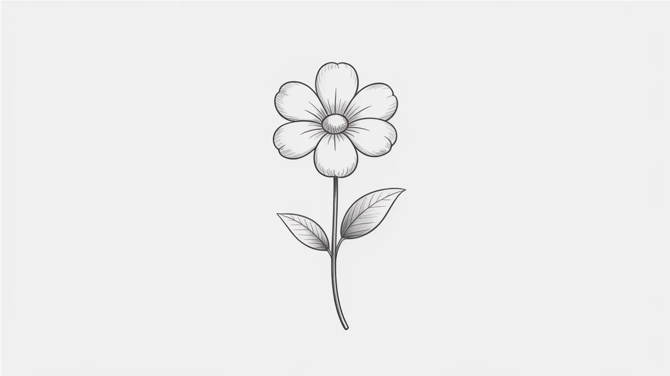 A simple drawing of a flower on a white background, showcasing its petals and stem in a minimalist style.