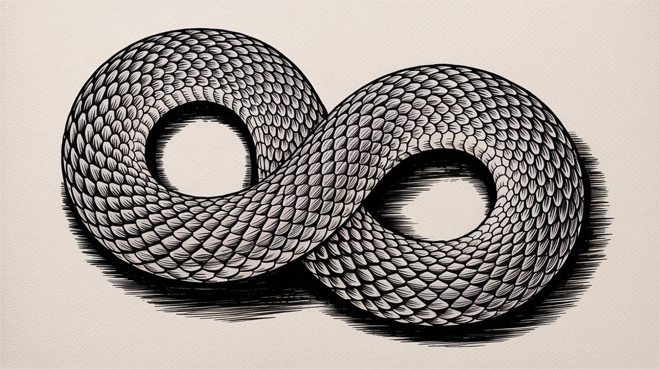 A drawing of a snake with its head shaped like an infinity symbol, representing eternity and continuity.