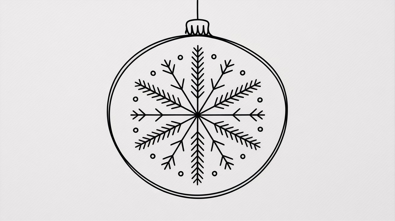 A detailed black and white drawing of a snowflake ornament with intricate patterns and symmetrical design.