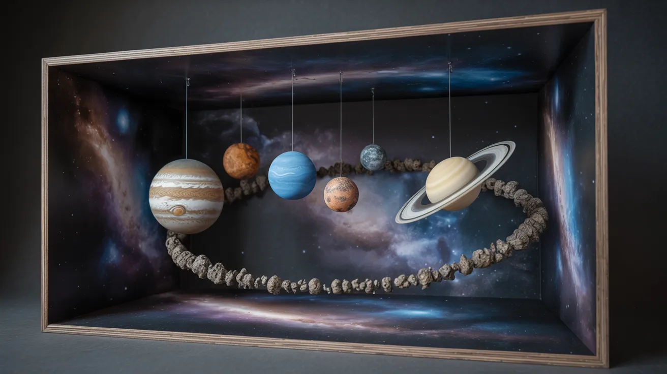A box containing miniature planets set against a starry space background, showcasing the solar system's diversity.