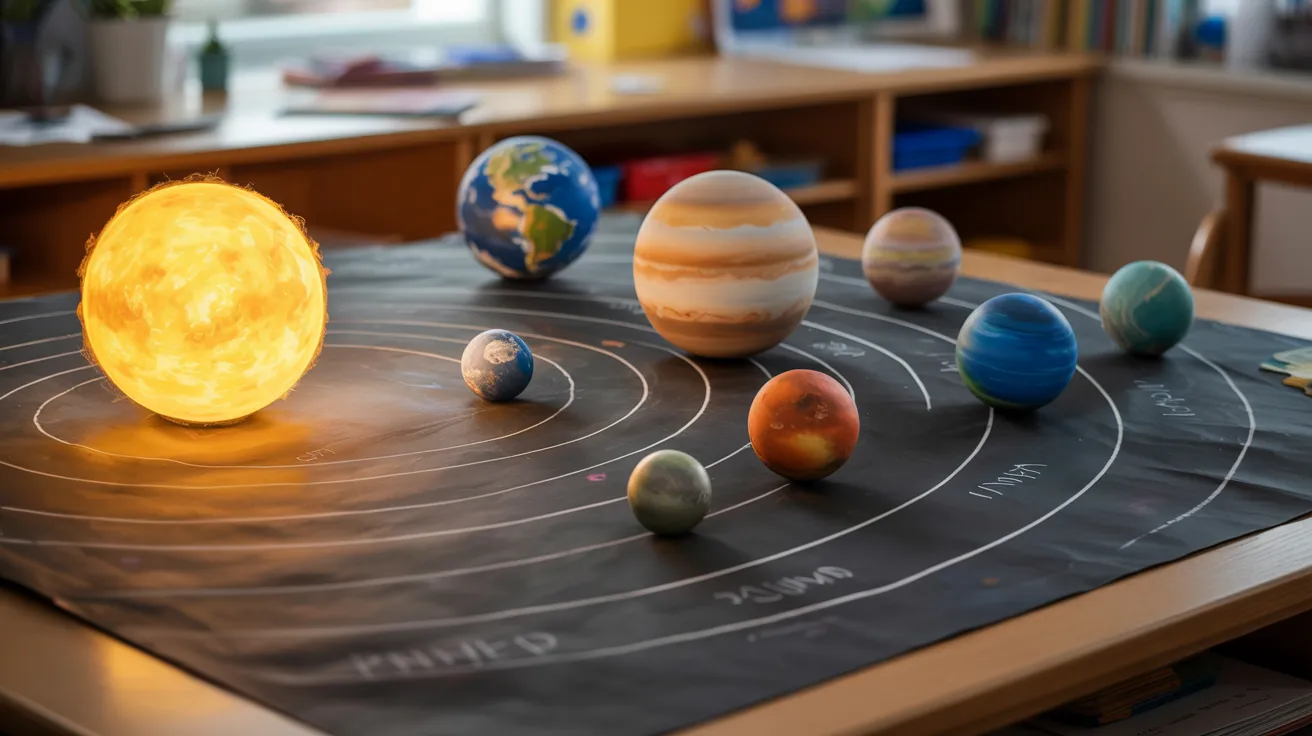 A table displaying a model of the solar system with planets and a sun arranged in their respective positions.