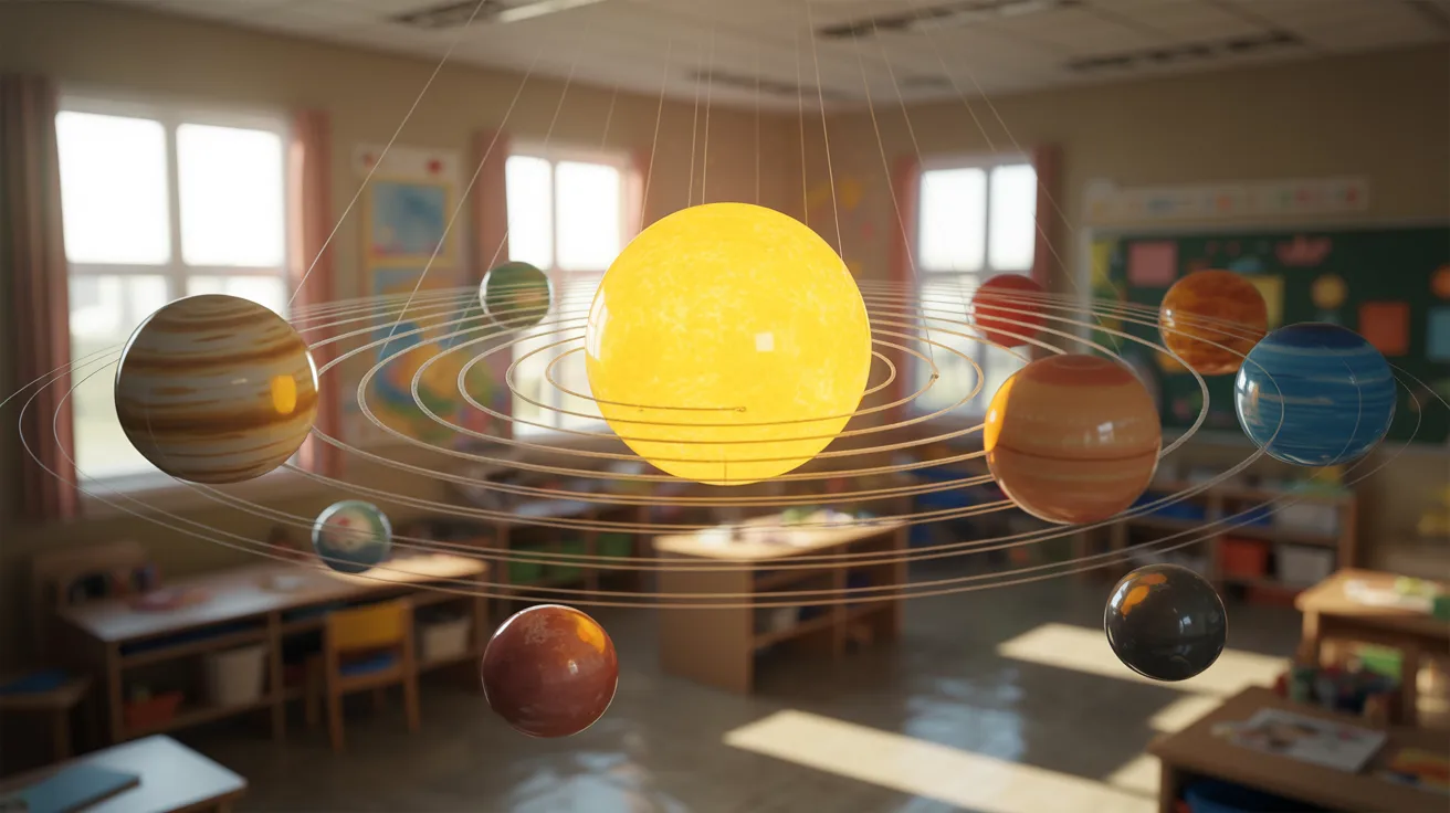 A classroom featuring a colorful solar system model suspended from the ceiling, enhancing the educational environment.