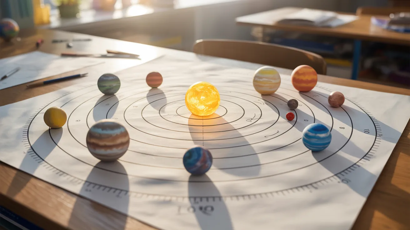 A model solar system displayed on a table, featuring planets and the sun arranged in their respective orbits.