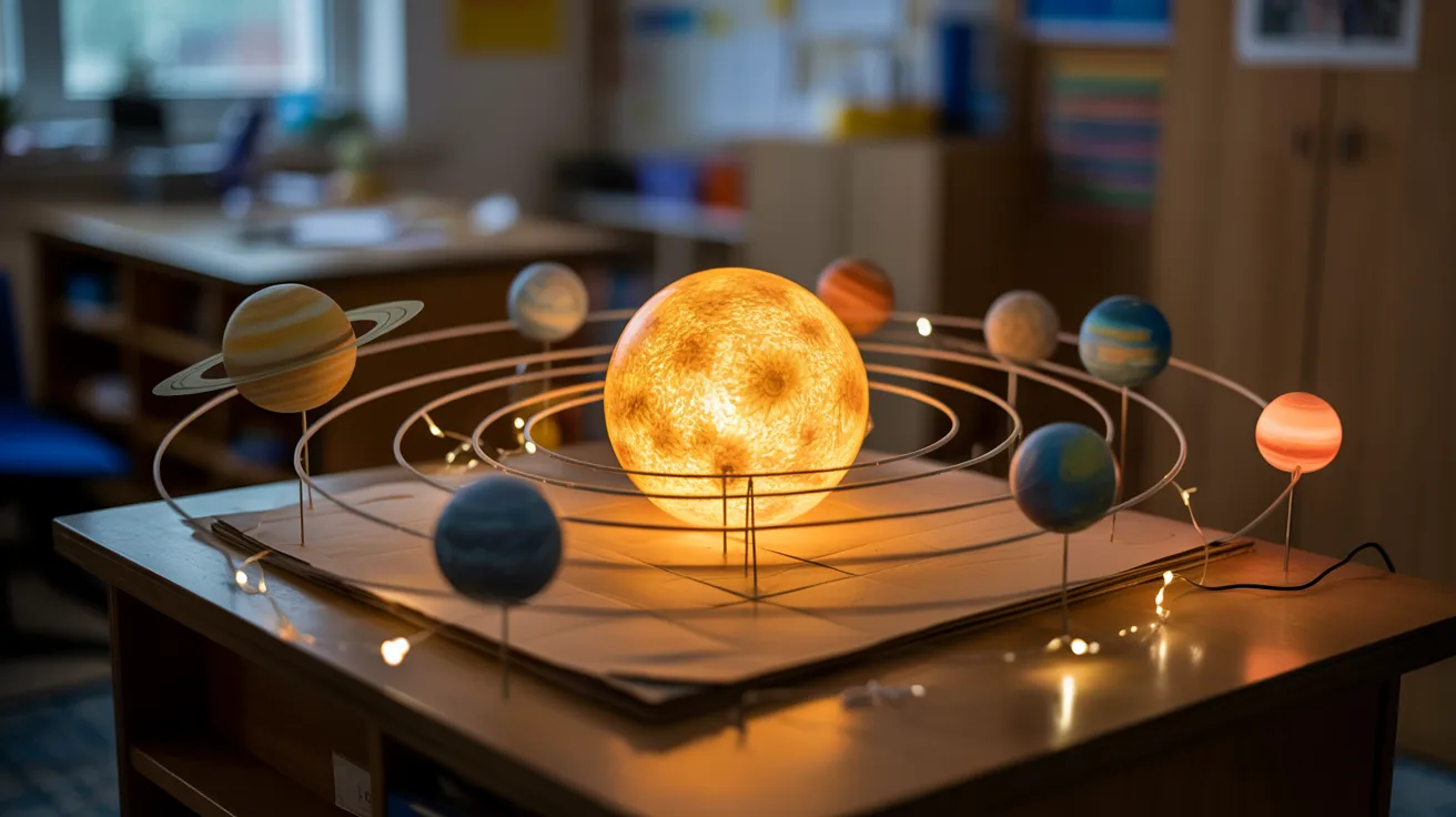 A tabletop model of the solar system, featuring planets arranged in their respective orbits around the sun.