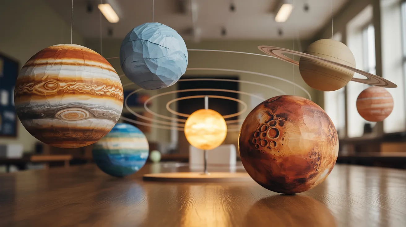 Several colorful planets suspended from a ceiling, creating a whimsical celestial display in a room.