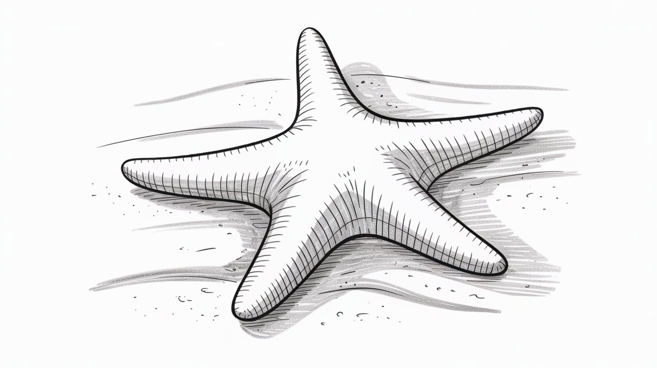 A drawing of a starfish resting on the sandy beach, with gentle waves in the background.