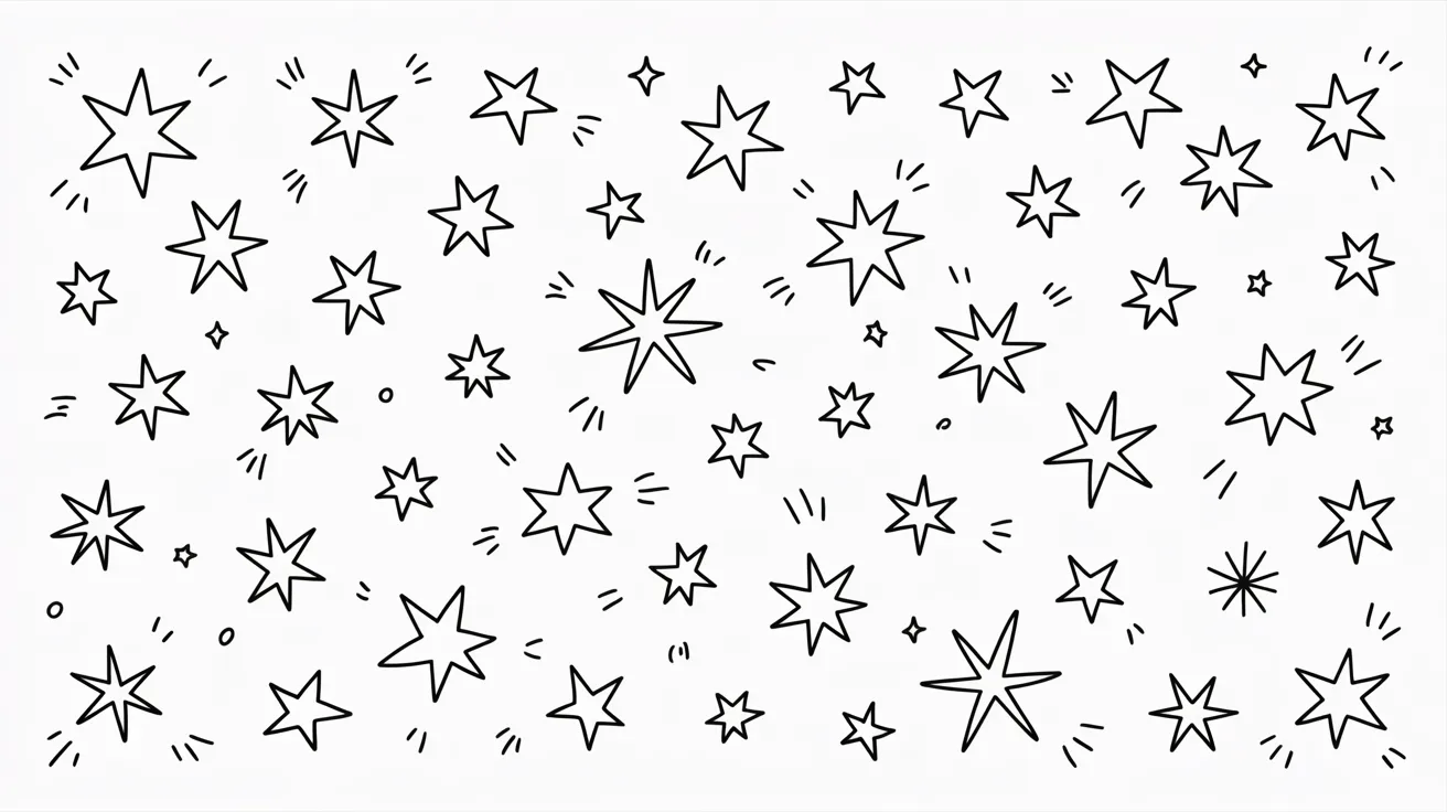 Black and white illustration of stars scattered across a white background, creating a simple celestial pattern.
