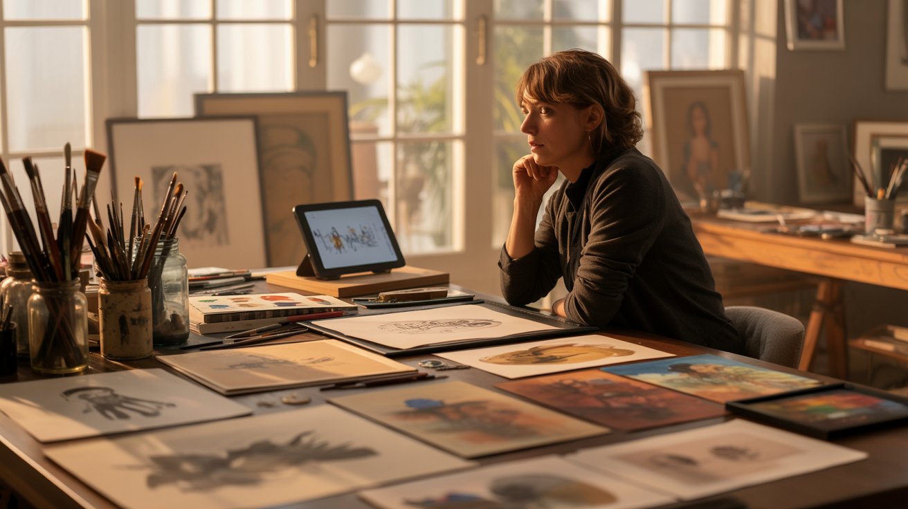 A woman at a desk with a laptop and various art supplies, focused on her creative work.