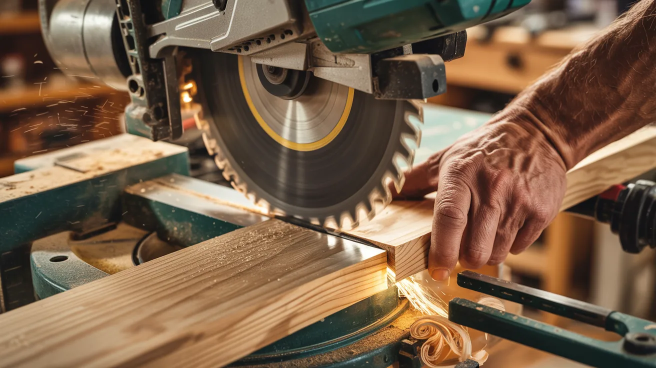 A man operates a circular saw, cutting through a piece of wood in a workshop setting.