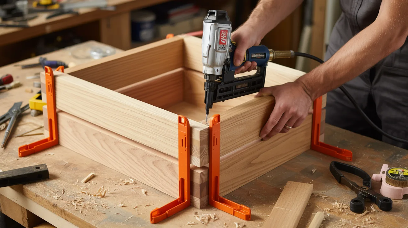 A man operates a nail gun while constructing a wooden box in a workshop setting.