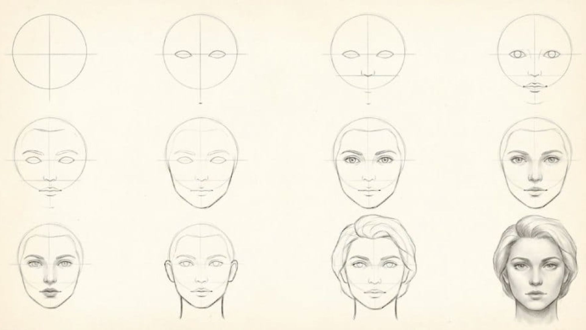Step-by-step guide illustrating techniques for drawing a woman's face, including facial features and proportions.