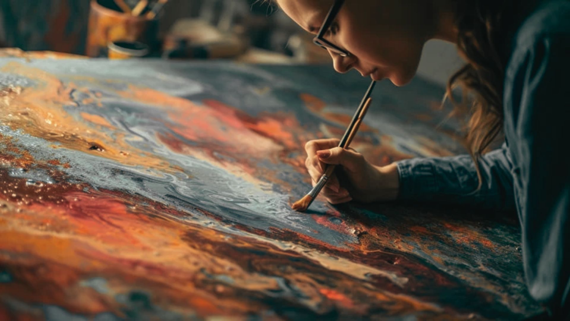 A woman diligently painting an oil canvas, showcasing her artistic skills with a brush and palette in a creative space.