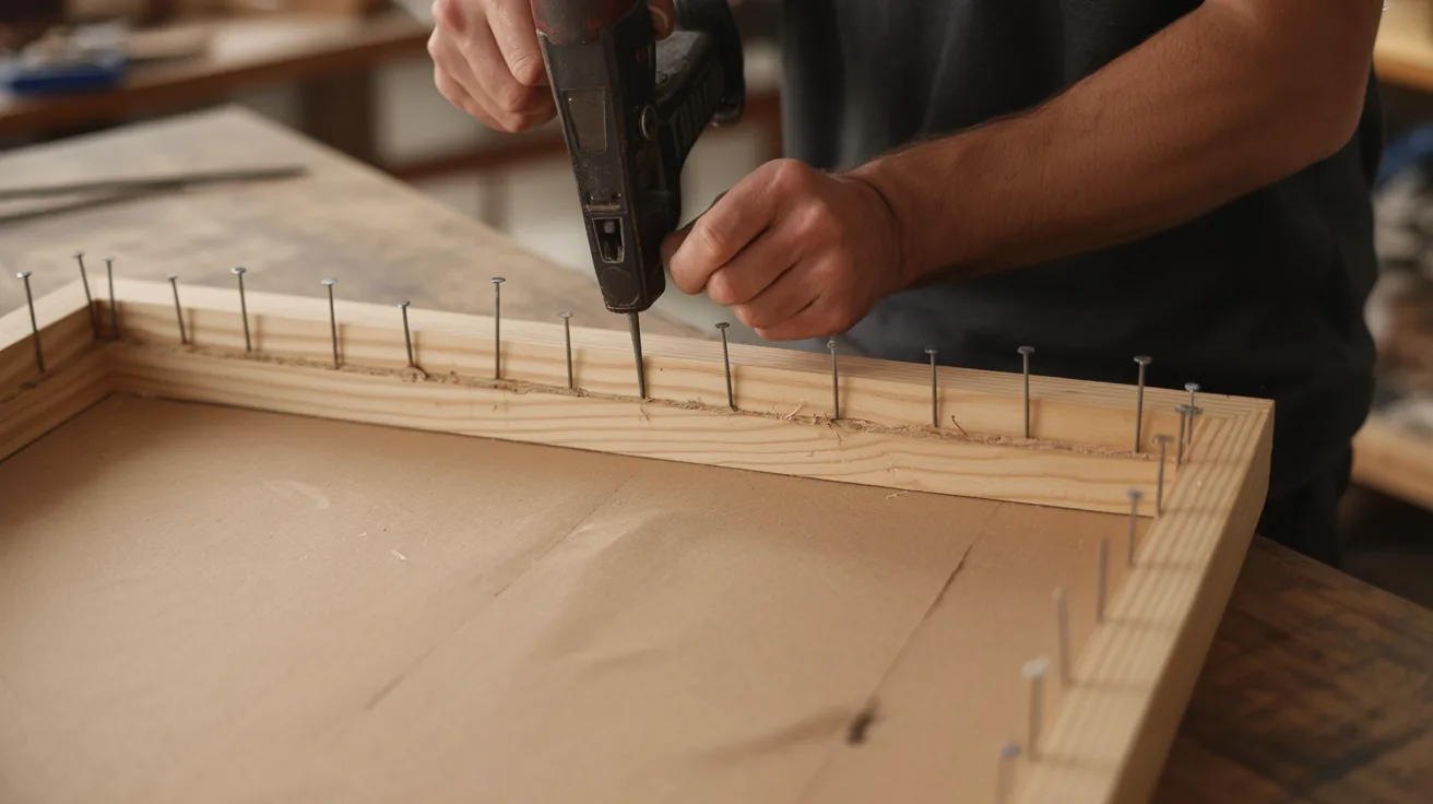 A man operates a nail gun while constructing a wooden frame in a workshop setting.