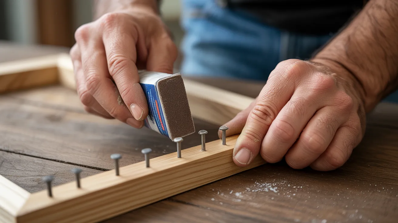 A man is hammering a nail into wood to construct a wooden frame.