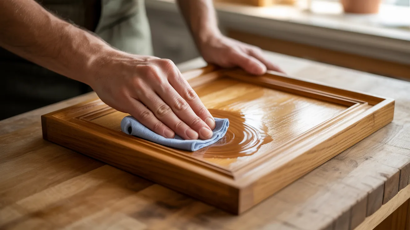 A person using a cloth to clean a wooden frame, focusing on maintaining its shine and appearance.