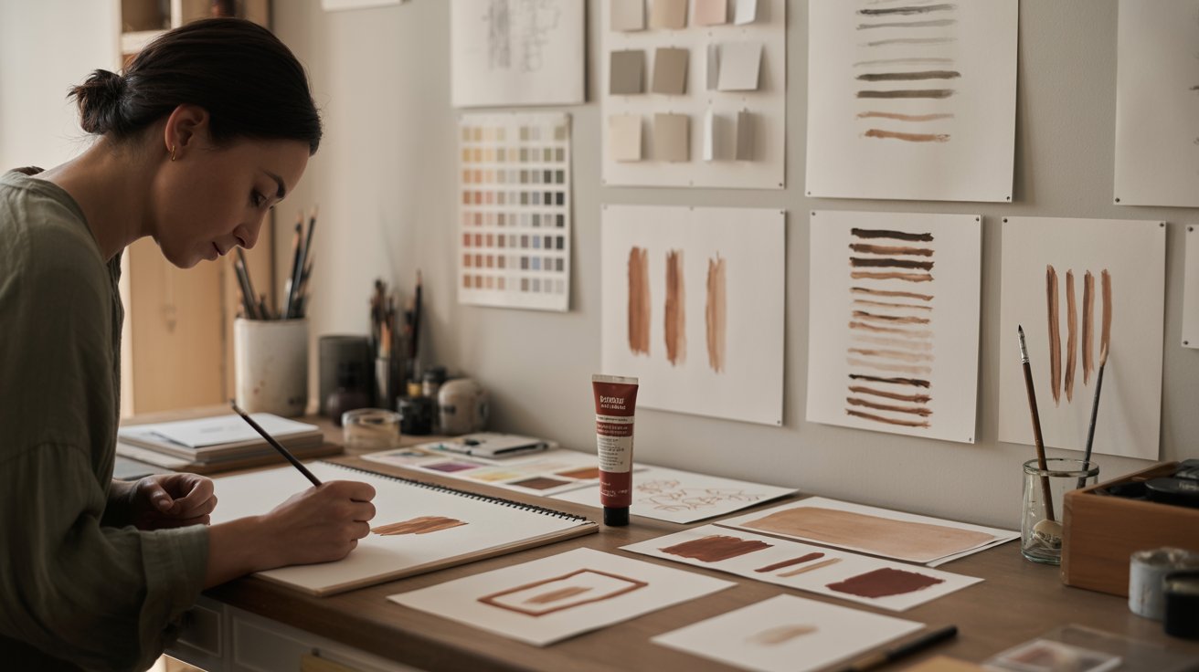 A woman is focused on creating a painting in her art studio, surrounded by brushes and canvases.