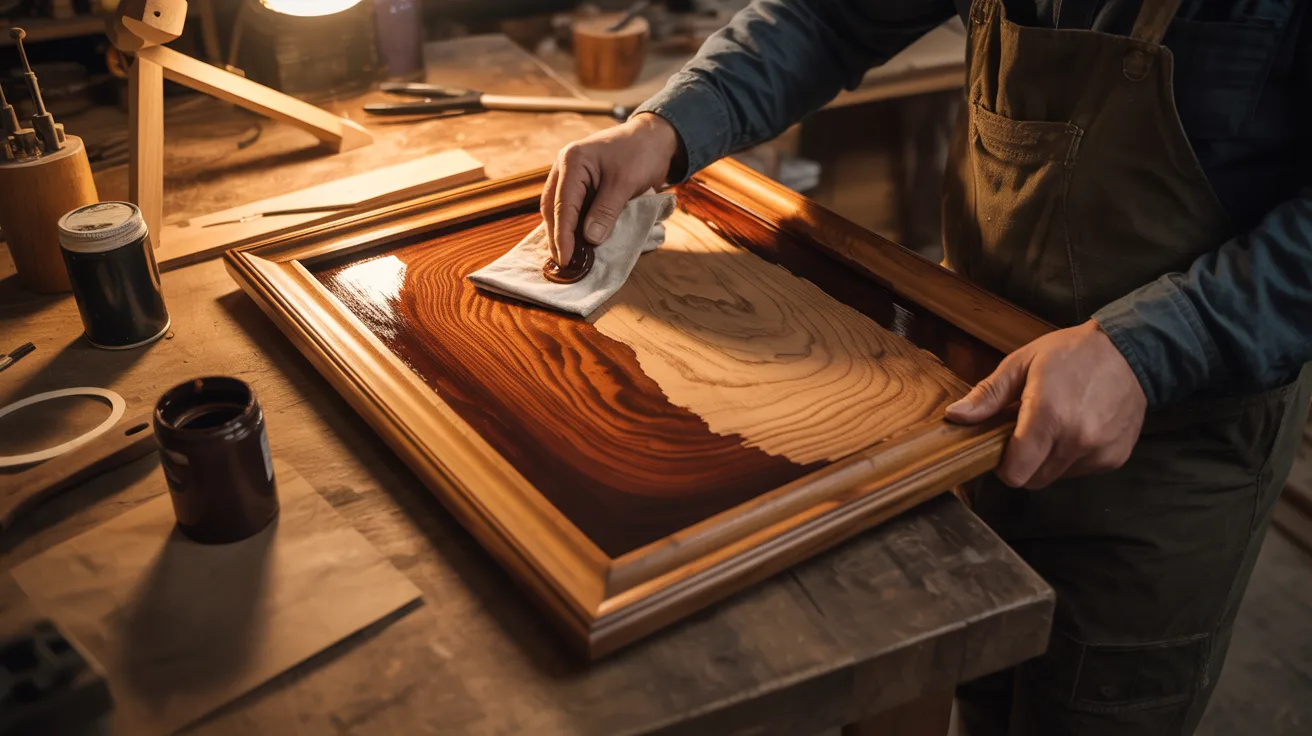 A man is focused on constructing a wooden frame in a workshop, surrounded by tools and materials.