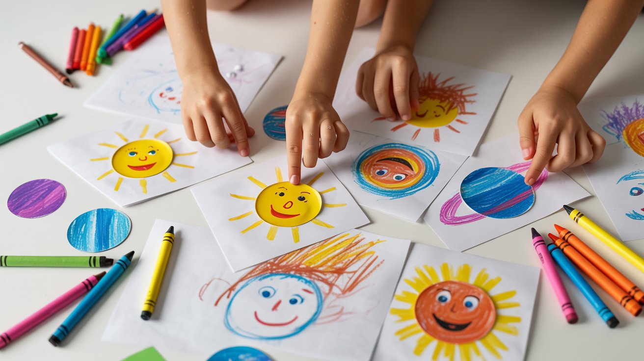 Children's hands drawing a sun, moon, and stars on white paper, showcasing their creativity and imagination.