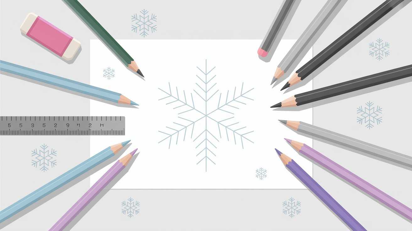 A detailed drawing of a snowflake created using pencils and rulers, showcasing geometric precision and artistic design.