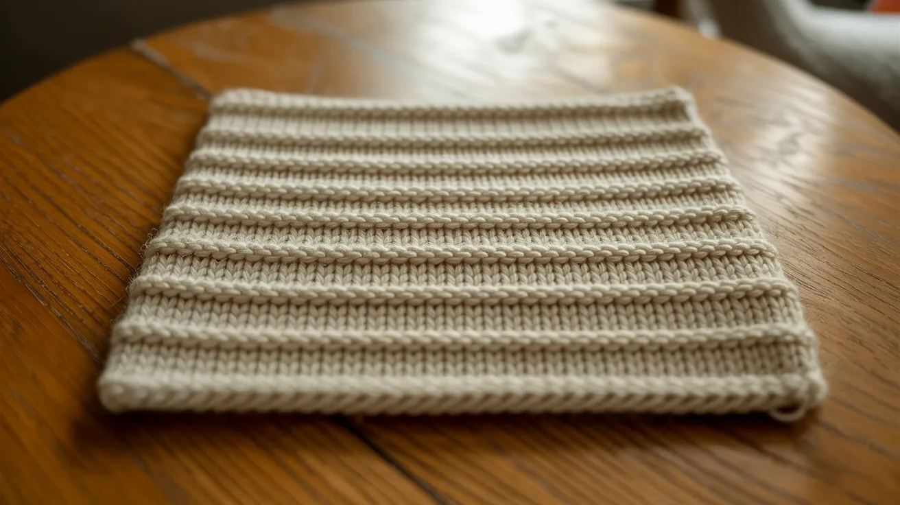 A cozy knitted scarf draped elegantly on a rustic wooden table.