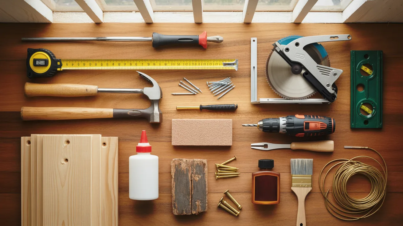 A variety of tools and supplies scattered on a wooden floor, showcasing a workspace setup.