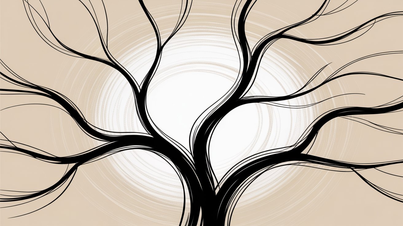A black and white drawing of a leafless tree with intricate branches against a plain background.