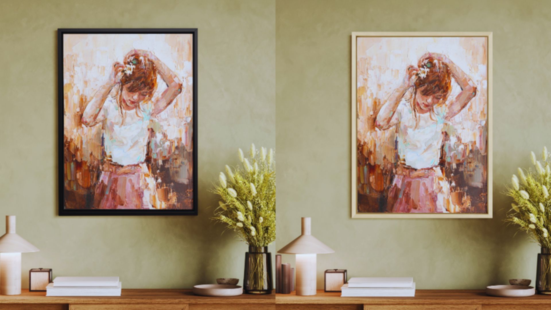 Two paintings displayed on the wall of a room, showcasing distinct artistic styles and colors.