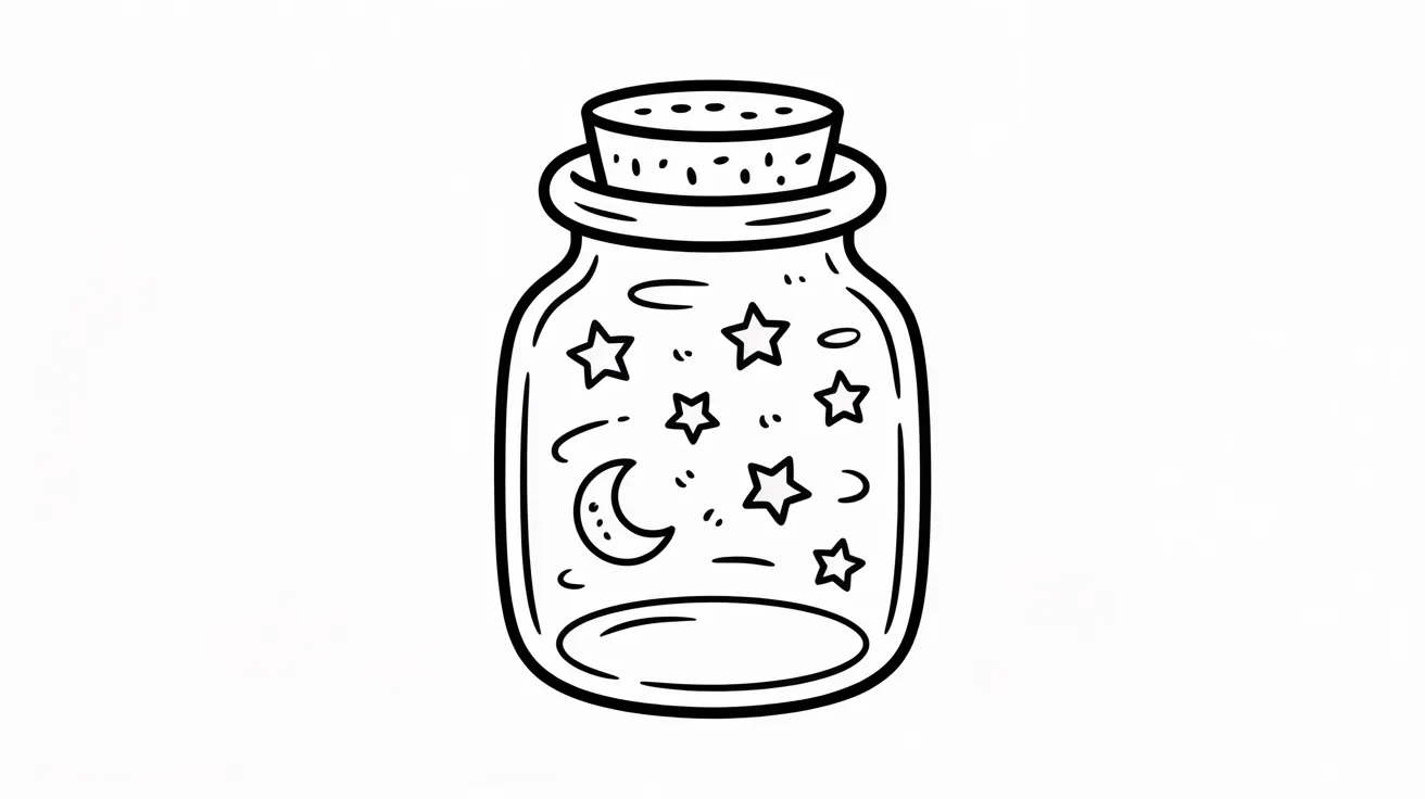 A drawing of a bottle containing a moon and stars, symbolizing dreams and imagination.