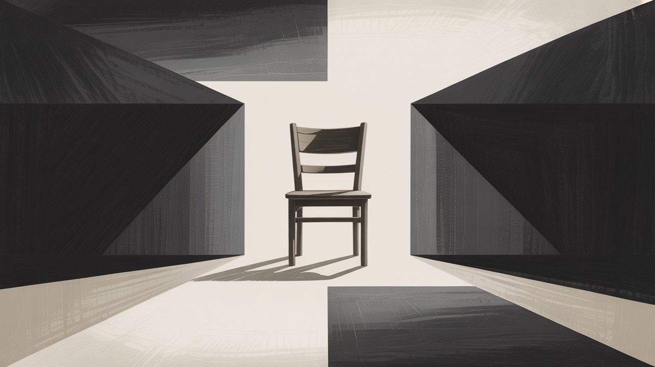 A painting depicting a chair in a room, set against a contrasting black and white background.