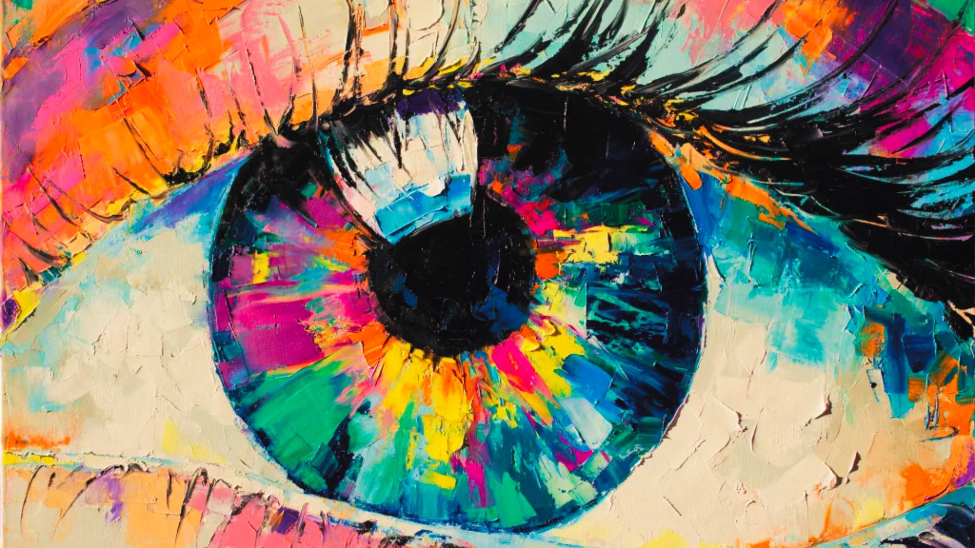 A vibrant painting of an eye on canvas, featuring a mix of colors and intricate details.