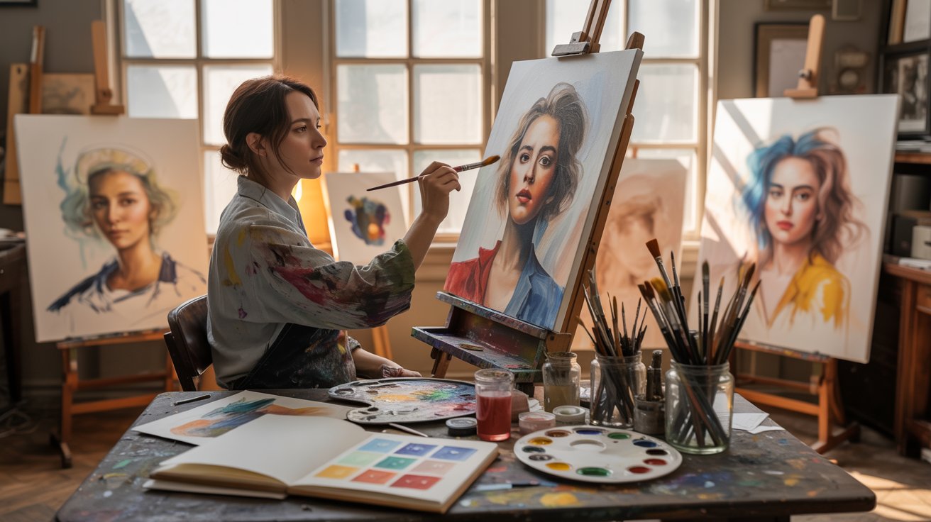 A woman paints on a canvas at an easel, focused on her artwork in a bright, well-lit studio.