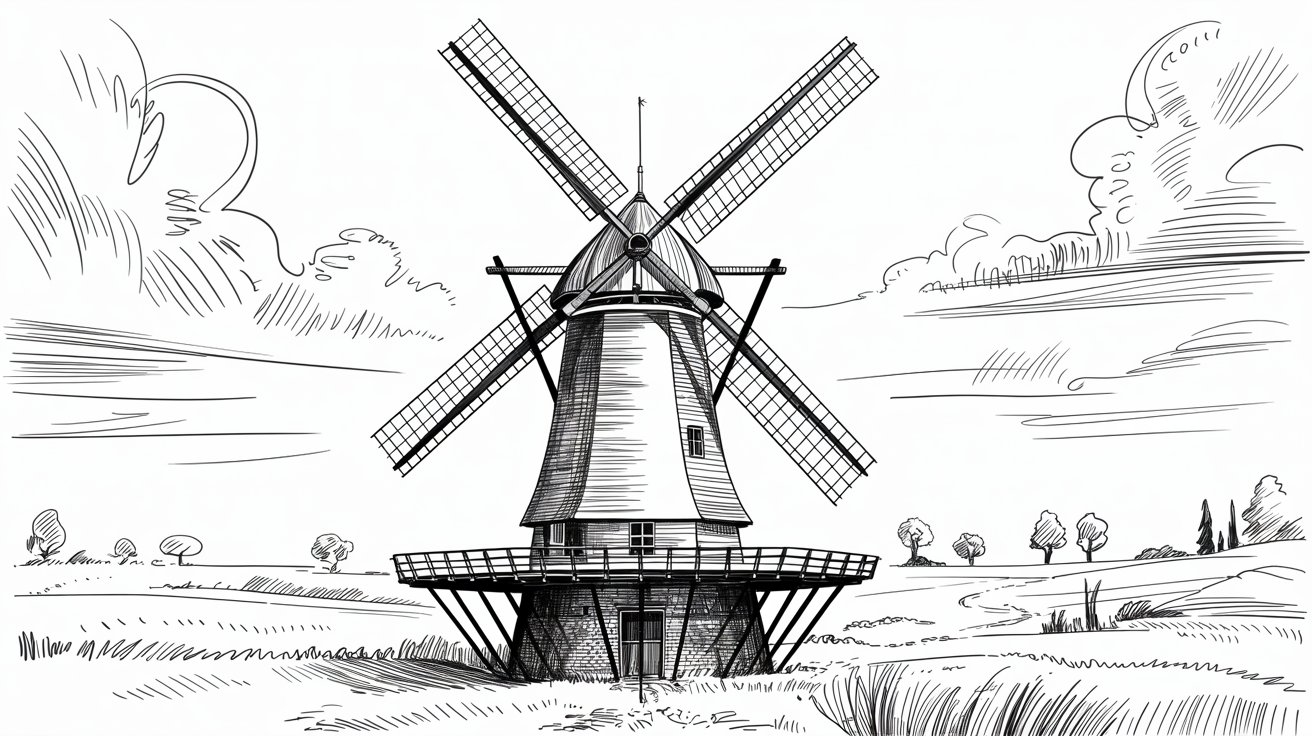 A black and white illustration of a windmill with detailed blades and a rustic structure against a plain background.
