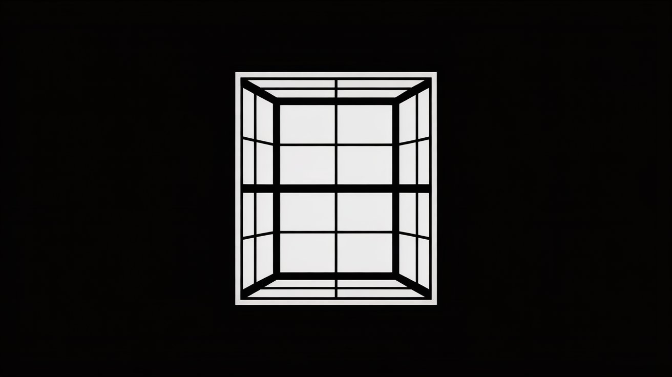 A black and white photograph of a window, showcasing its frame and glass with a soft light filtering through.