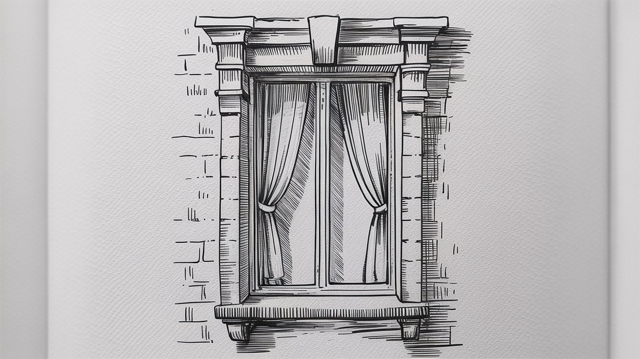 A drawing of a window adorned with flowing curtains, showcasing a cozy indoor atmosphere.