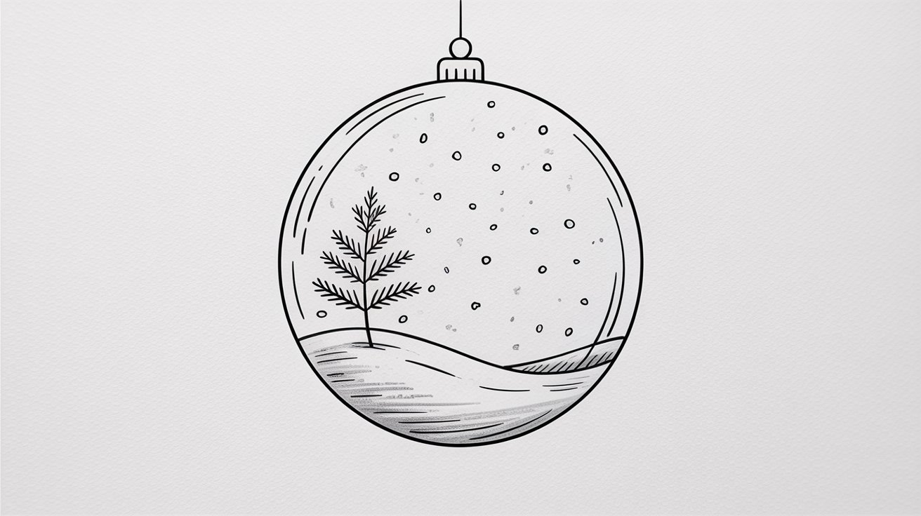 A drawing of a Christmas ball featuring a decorated tree inside, symbolizing holiday cheer and festive spirit.