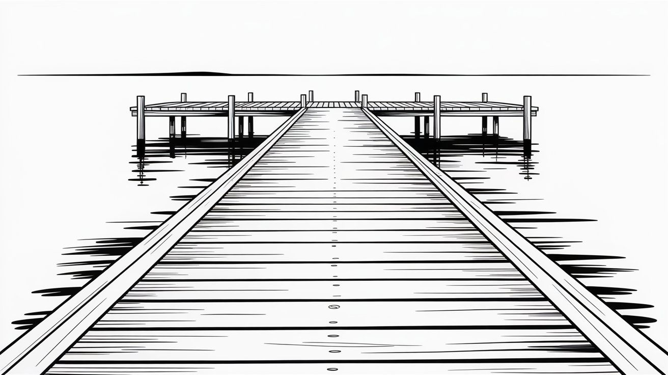 A black and white drawing depicting a serene pier extending over calm waters.