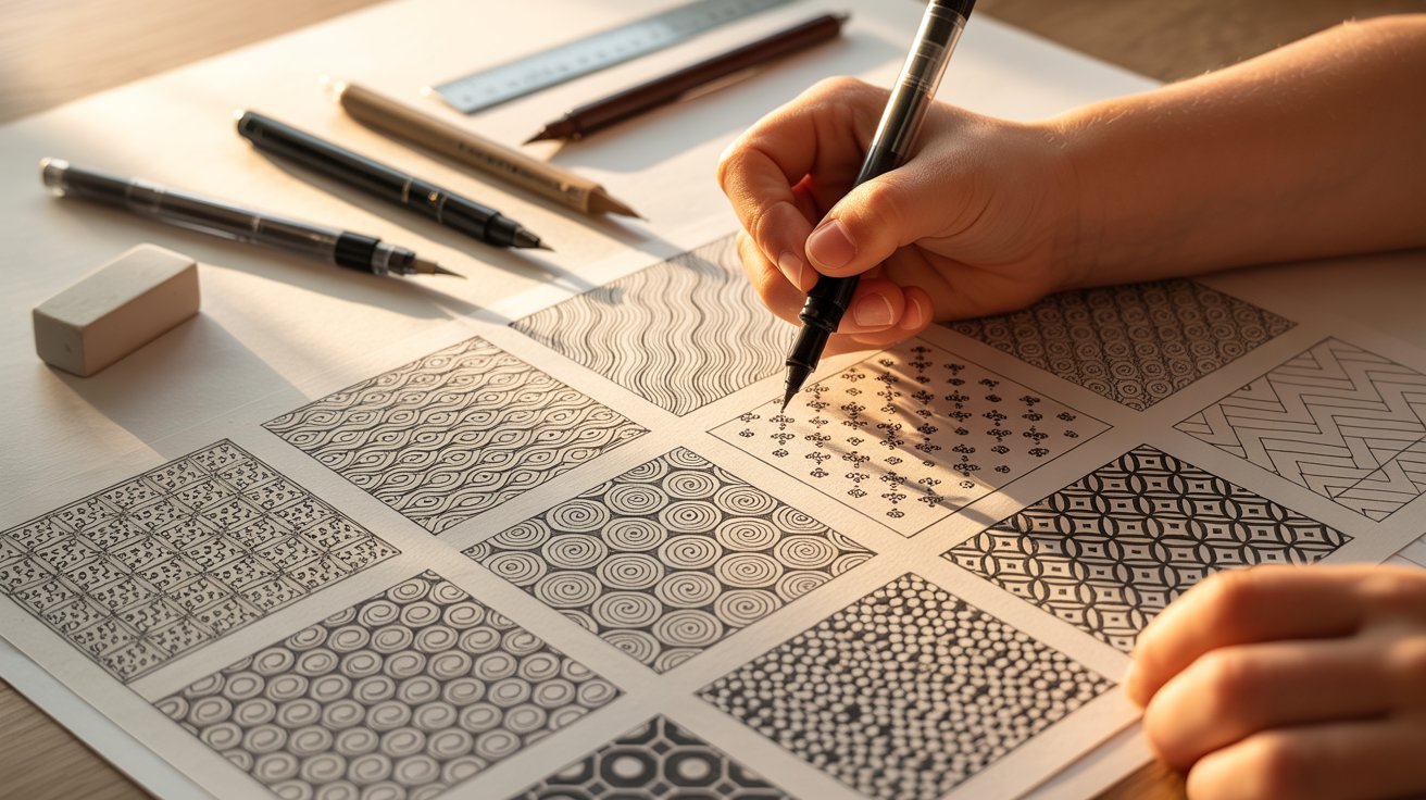 A person is focused on drawing on paper with a pen, showcasing their artistic skills and creativity.