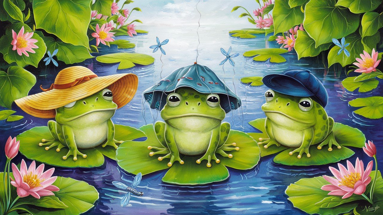 Frogs on Lily Pads with Hats