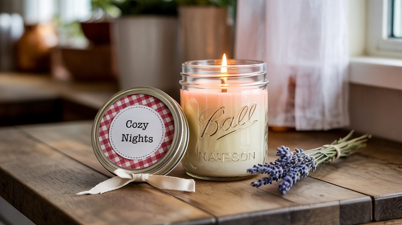 6. Mason Jar Candle with Personalized Lid Sticker