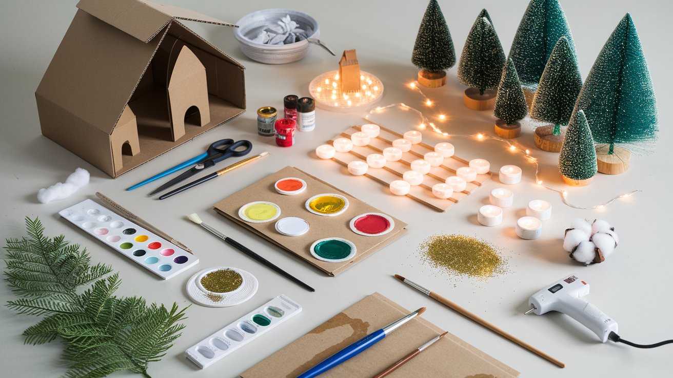 Materials for DIY Christmas Village Houses (Cardboard, Paint & Decor)