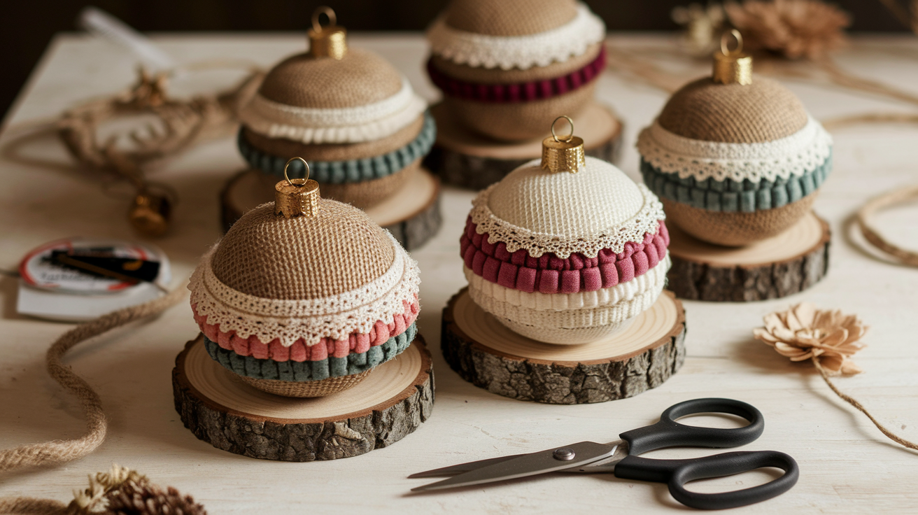 9. Fabric or Lace-Covered Ornaments